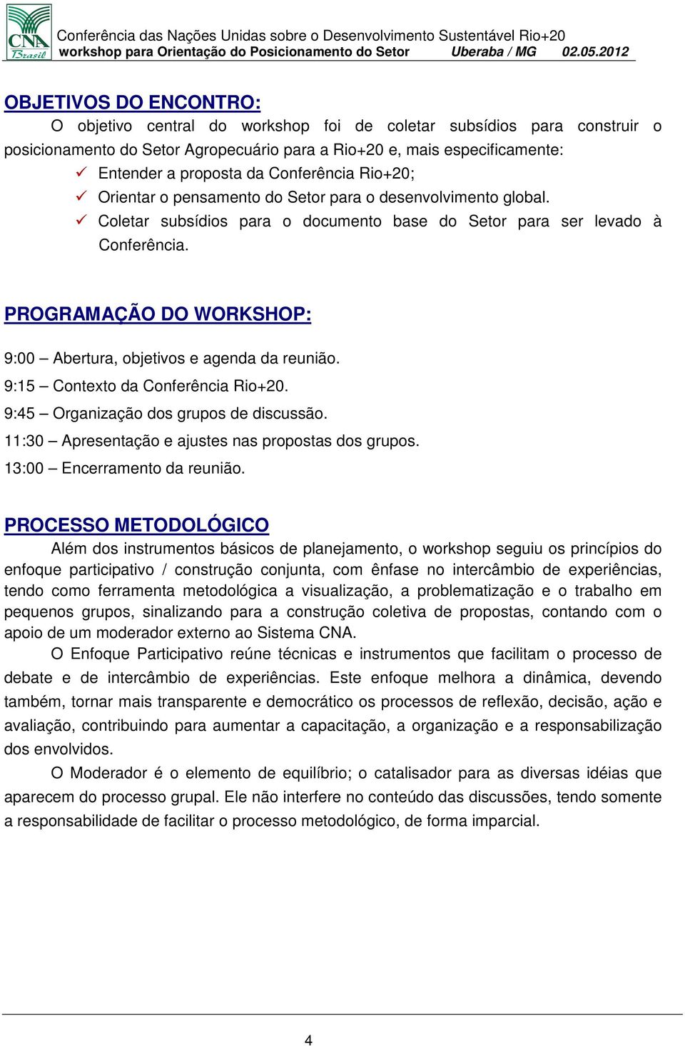 PROGRAMAÇÃO DO WORKSHOP: 9:00 Abertura, objetivos e agenda da reunião. 9:15 Contexto da Conferência Rio+20. 9:45 Organização dos grupos de discussão.