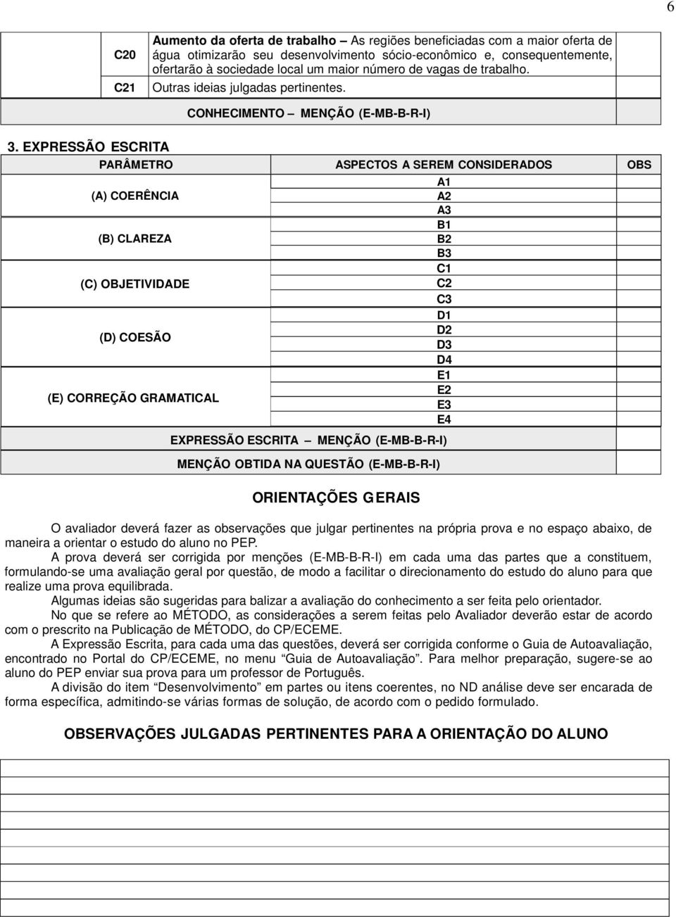 EXPRESSÃO ESCRITA CONHECIMENTO MENÇÃO (E-MB-B-R-I) PARÂMETRO ASPECTOS A SEREM CONSIDERADOS OBS (A) COERÊNCIA (B) CLAREZA (C) OBJETIVIDADE (D) COESÃO (E) CORREÇÃO GRAMATICAL A1 A2 A3 B1 B2 B3 D1 D2 D3