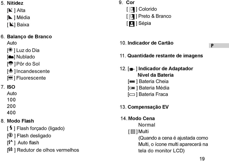 Cor [ ] Colorido [ ] reto & Branco [ ] Sépia 10. Indicador de Cartão 11. Quantidade restante de imagens 12.