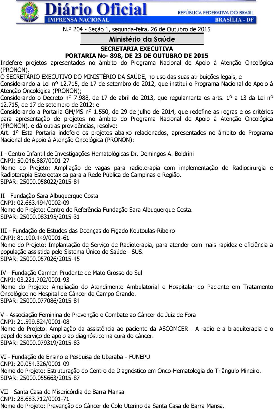 715, de 17 de setembro de 2012, que institui o Programa Nacional de Apoio à Atenção Oncológica (PRONON); Considerando o Decreto nº 7.988, de 17 de abril de 2013, que regulamenta os arts.