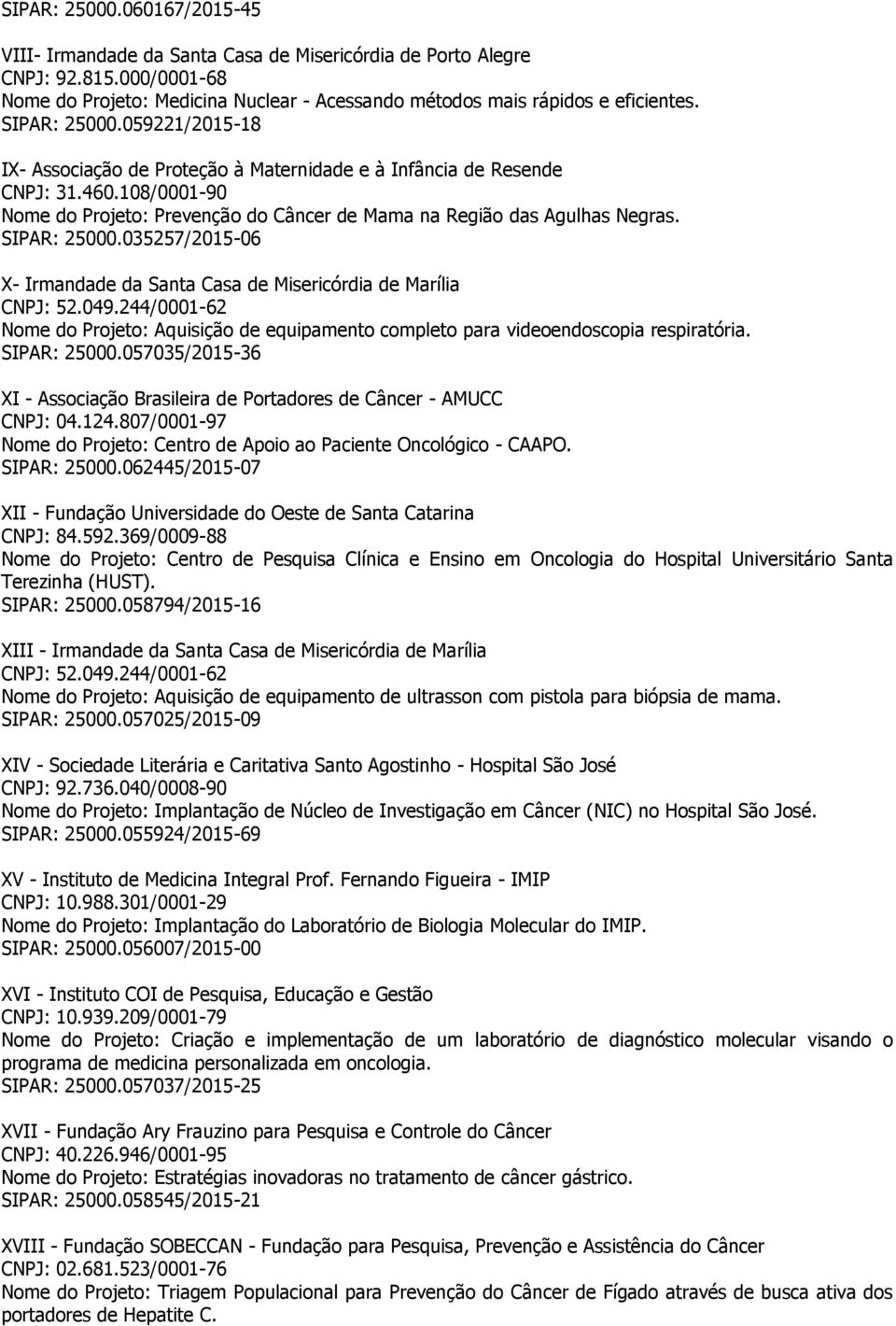 SIPAR: 25000.035257/2015-06 X- Irmandade da Santa Casa de Misericórdia de Marília CNPJ: 52.049.244/0001-62 Nome do Projeto: Aquisição de equipamento completo para videoendoscopia respiratória.