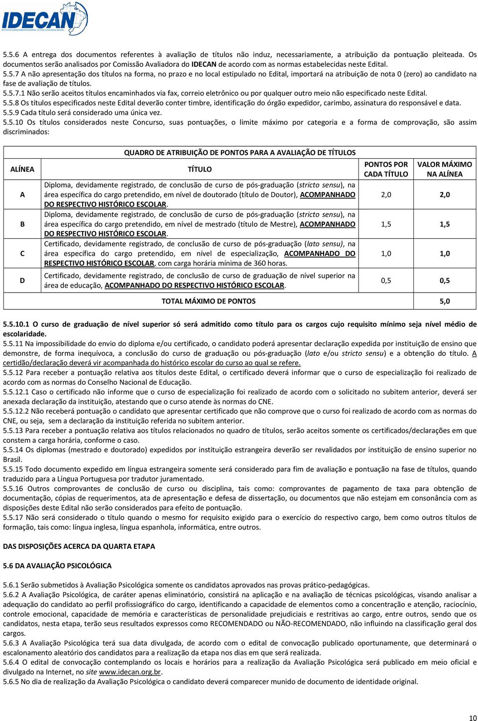 5.7 A não apresentação dos títulos na forma, no prazo e no local estipulado no Edital, importará na atribuição de nota 0 (zero) ao candidato na fase de avaliação de títulos. 5.5.7.1 Não serão aceitos títulos encaminhados via fax, correio eletrônico ou por qualquer outro meio não especificado neste Edital.