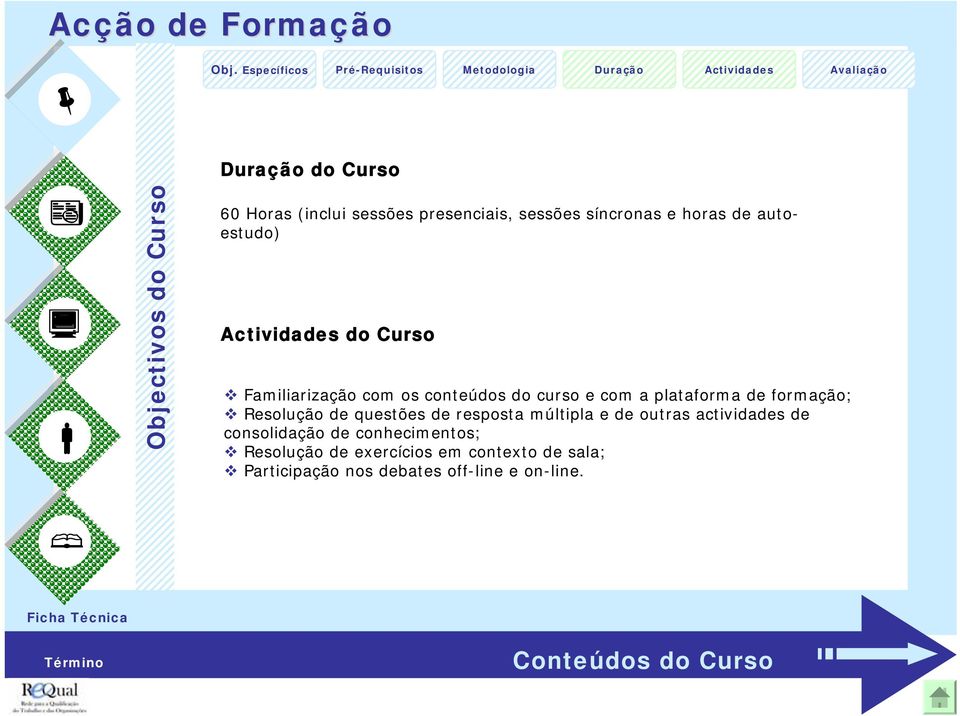 conteúdos do curso e com a plataforma de formação; Resolução de questões de resposta múltipla e de outras actividades