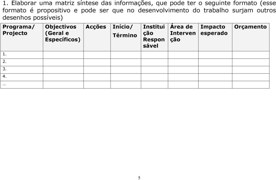 desenhos possíveis) Programa/ Projecto 1. 2. 3. 4.