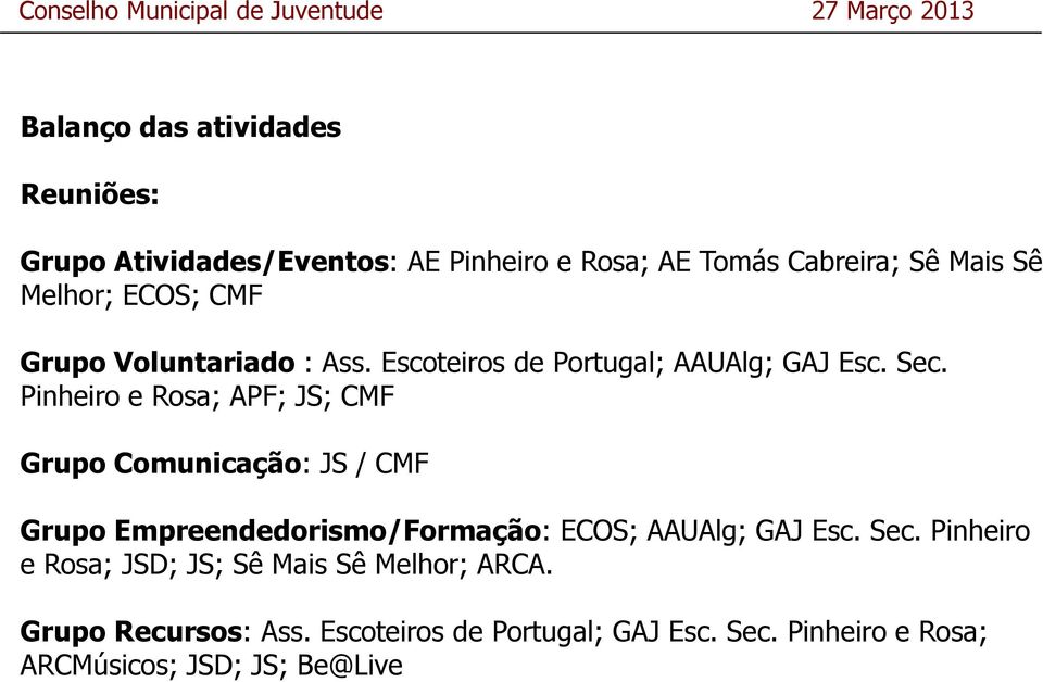 Pinheiro e Rosa; APF; JS; CMF Grupo Comunicação: JS / CMF Grupo Empreendedorismo/Formação: ECOS; AAUAlg; GAJ Esc. Sec.