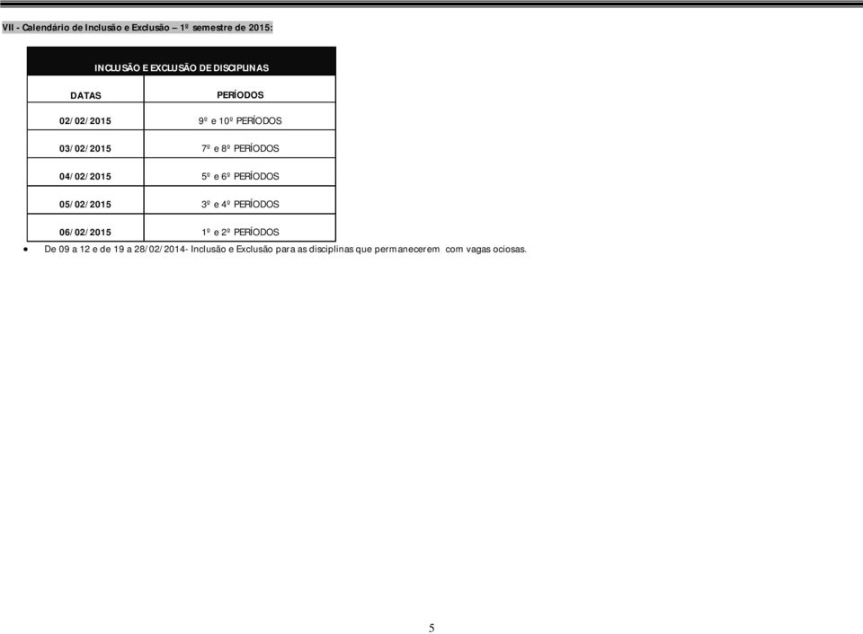04/02/2015 5º e 6º PERÍODOS 05/02/2015 3º e 4º PERÍODOS 06/02/2015 1º e 2º PERÍODOS De 09