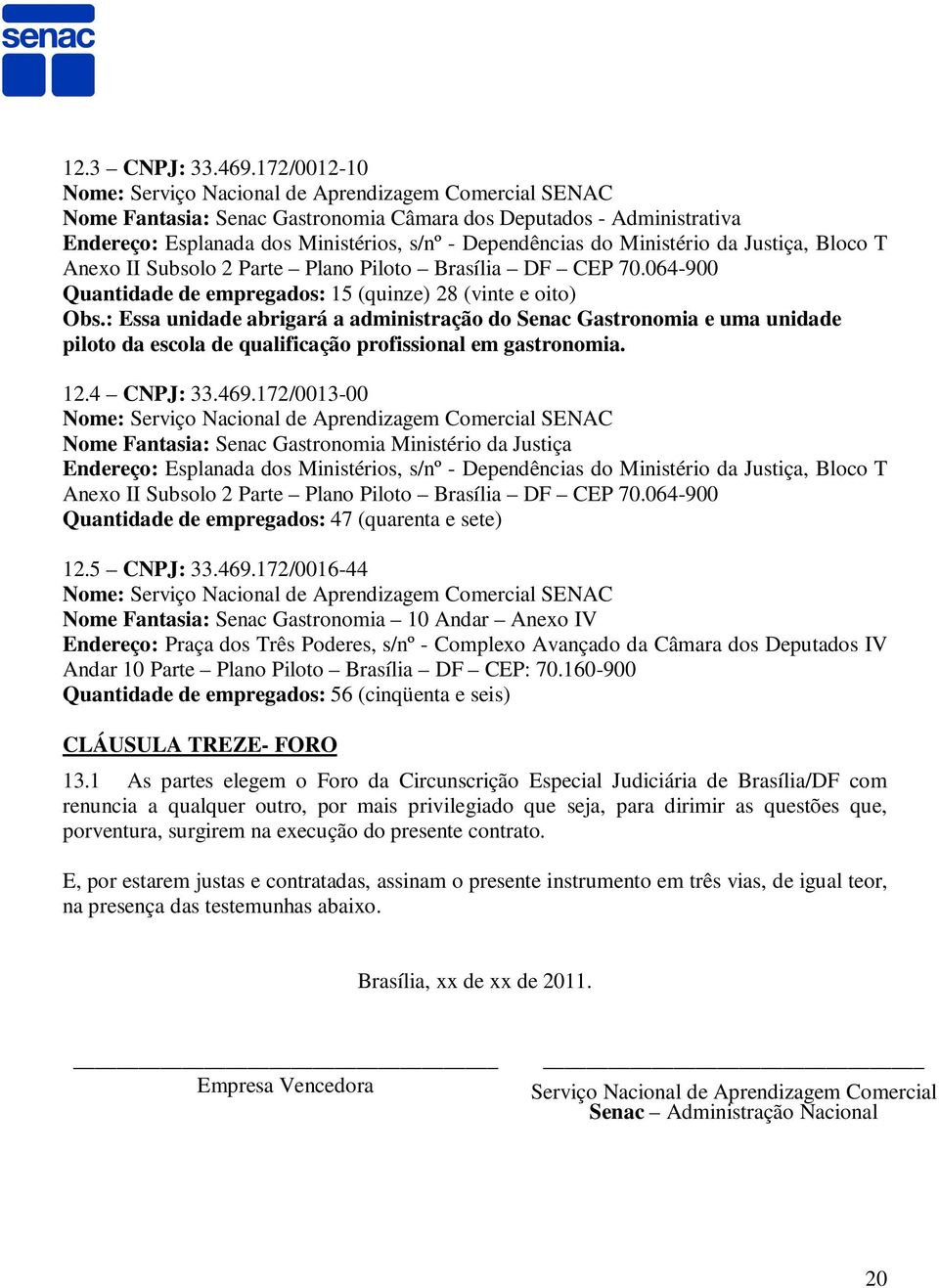 Ministério da Justiça, Bloco T Anexo II Subsolo 2 Parte Plano Piloto Brasília DF CEP 70.064-900 Quantidade de empregados: 15 (quinze) 28 (vinte e oito) Obs.