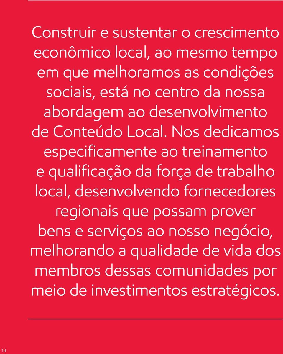 Nos dedicamos especificamente ao treinamento e qualificação da força de trabalho local, desenvolvendo fornecedores