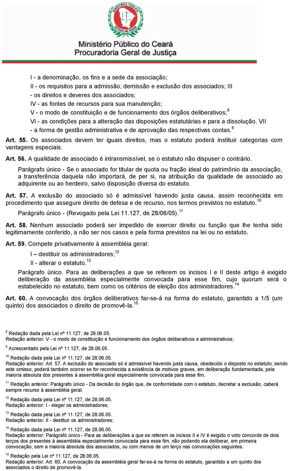 VII - a forma de gestão administrativa e de aprovação das respectivas contas. 9 Art. 55. Os associados devem ter iguais direitos, mas o estatuto poderá instituir categorias com vantagens especiais.