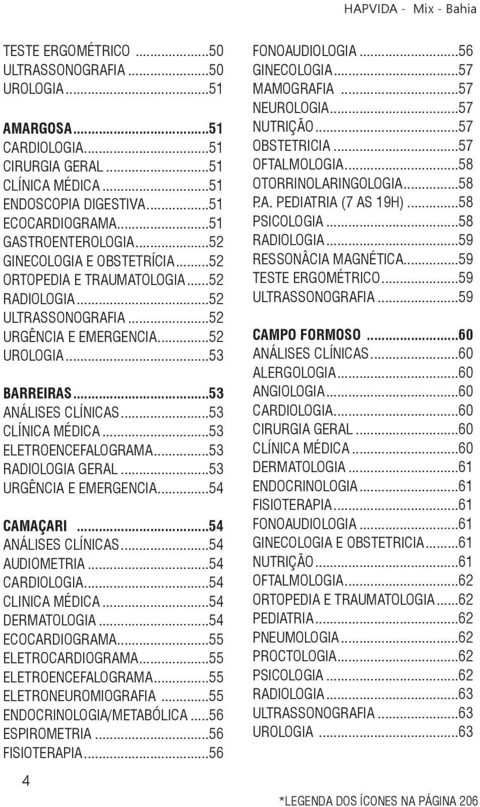 ..53 ELETROENCEFALOGRAMA...53 RADIOLOGIA GERAL...53 URGÊNCIA E EMERGENCIA...54 CAMAÇARI...54 ANÁLISES CLÍNICAS...54 AUDIOMETRIA...54 CARDIOLOGIA...54 CLINICA MÉDICA...54 DERMATOLOGIA.