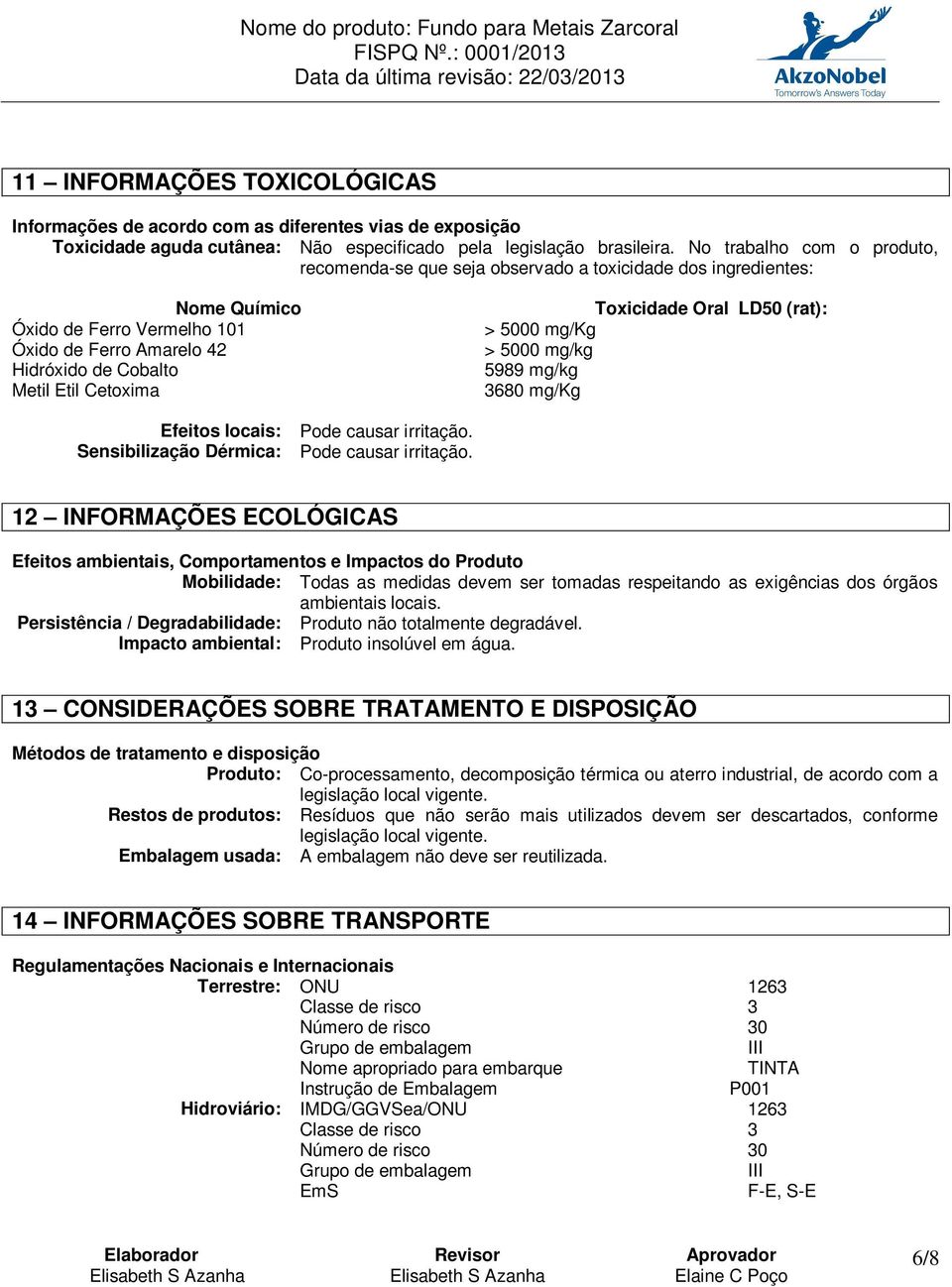 Toxicidade Oral LD50 (rat): > 5000 mg/kg > 5000 mg/kg 5989 mg/kg 3680 mg/kg Efeitos locais: Pode causar irritação. Sensibilização Dérmica: Pode causar irritação.