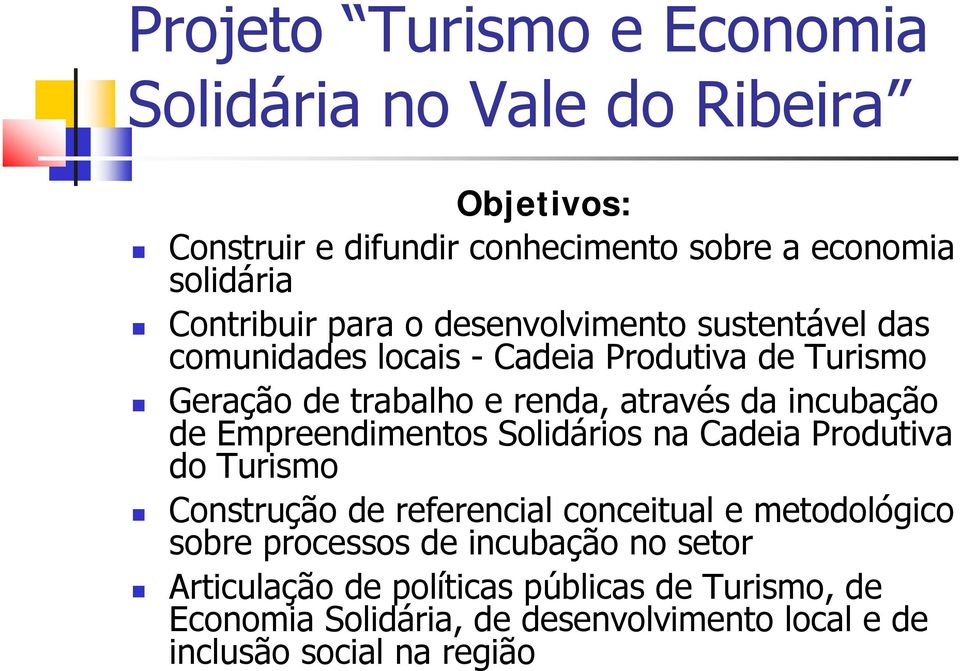Solidários na Cadeia Produtiva do Turismo Construção de referencial conceitual e metodológico sobre processos de incubação