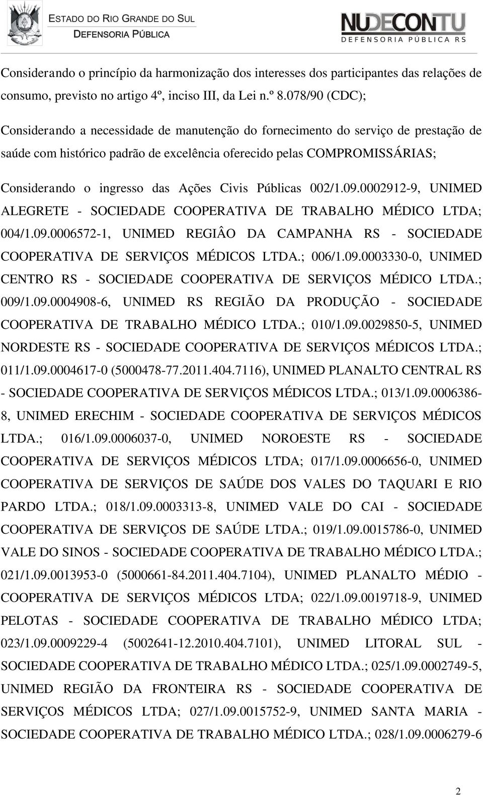 Ações Civis Públicas 002/1.09.0002912-9, UNIMED ALEGRETE - SOCIEDADE COOPERATIVA DE TRABALHO MÉDICO LTDA; 004/1.09.0006572-1, UNIMED REGIÂO DA CAMPANHA RS - SOCIEDADE COOPERATIVA DE SERVIÇOS MÉDICOS LTDA.