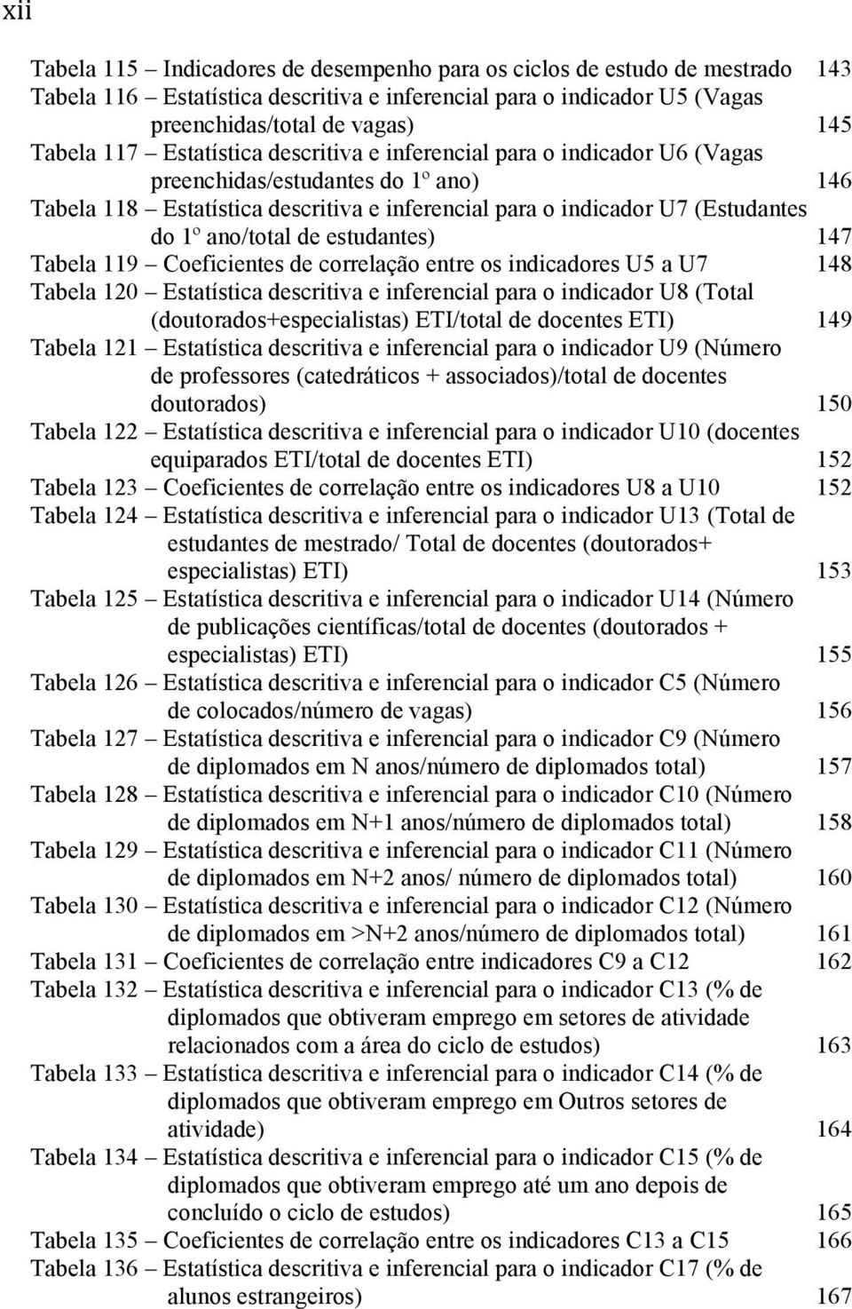 de estudantes) 147 Tabela 119 Coeficientes de correlação entre os indicadores U5 a U7 148 Tabela 120 Estatística descritiva e inferencial para o indicador U8 (Total (doutorados+especialistas)