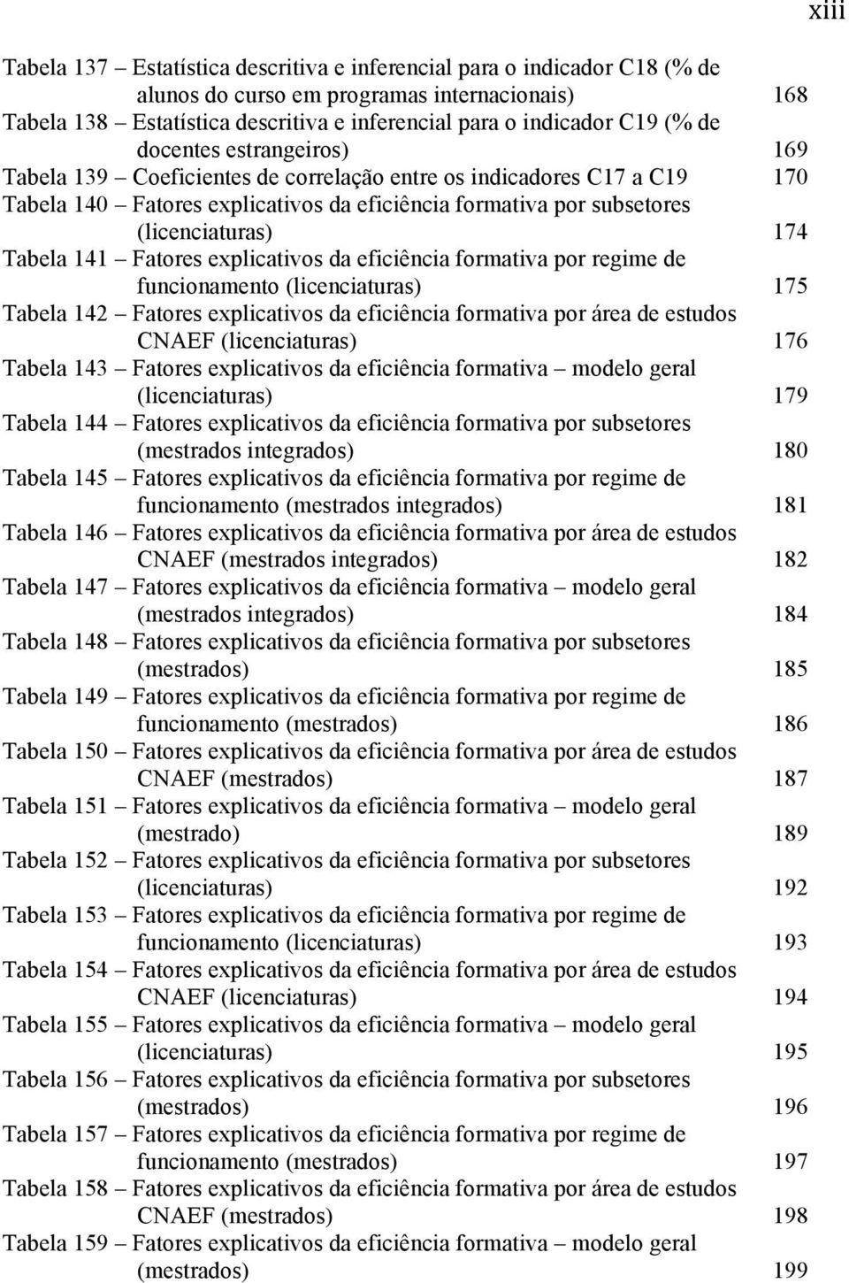 Tabela 141 Fatores explicativos da eficiência formativa por regime de funcionamento (licenciaturas) 175 Tabela 142 Fatores explicativos da eficiência formativa por área de estudos CNAEF