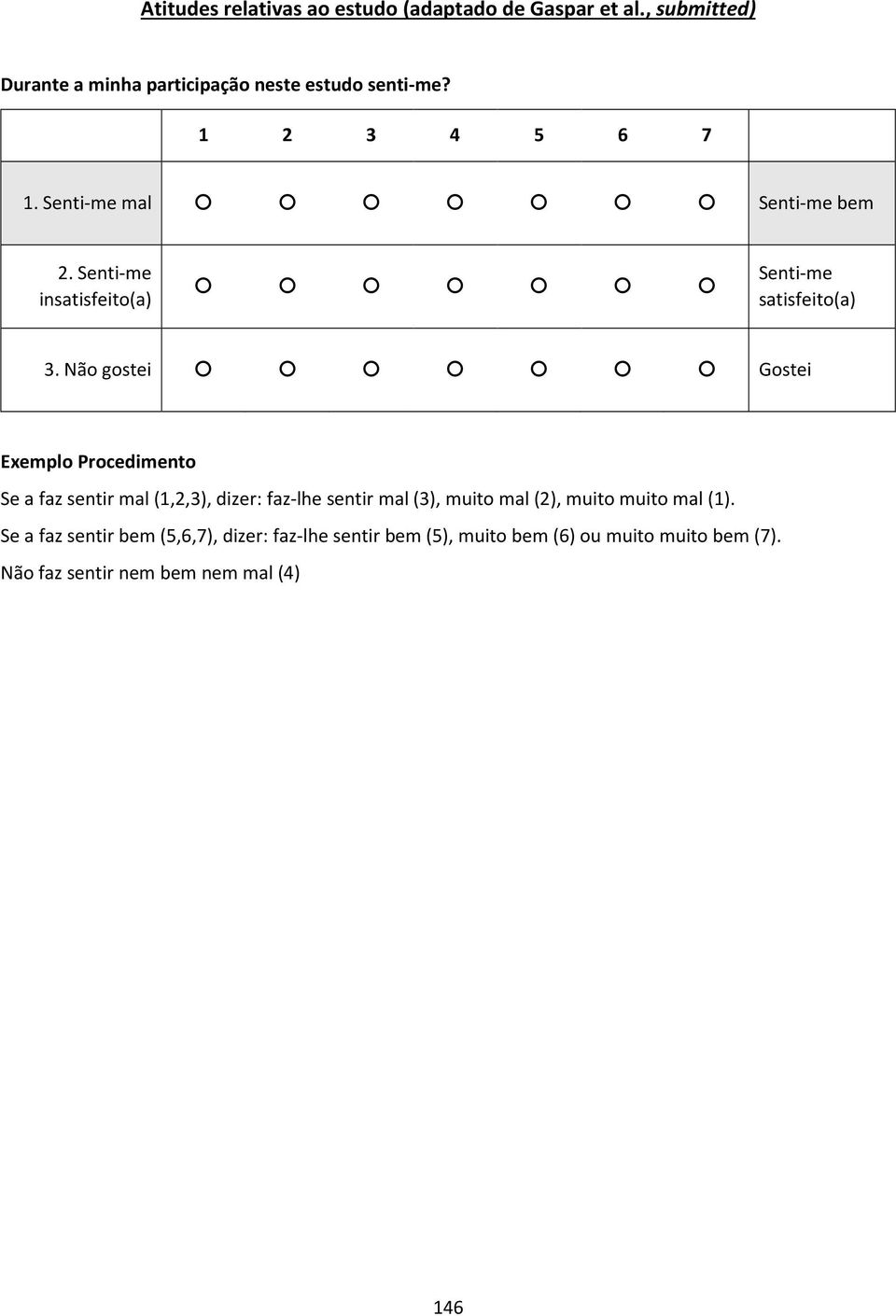 Não gostei Gostei Exemplo Procedimento Se a faz sentir mal (1,2,3), dizer: faz-lhe sentir mal (3), muito mal (2), muito