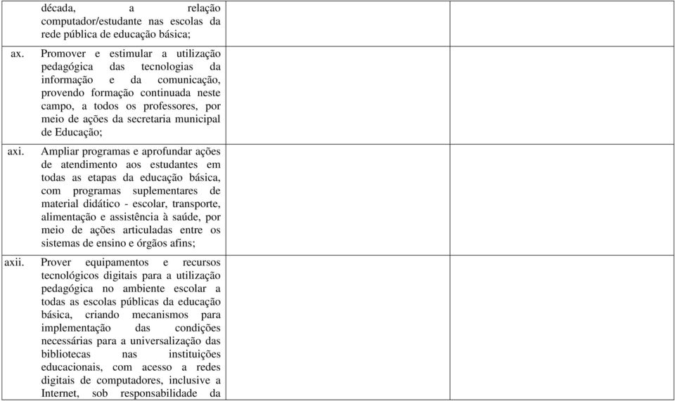 continuada neste campo, a todos os professores, por meio de ações da secretaria municipal de Educação; Ampliar programas e aprofundar ações de atendimento aos estudantes em todas as etapas da