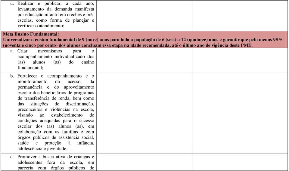 idade recomendada, até o último ano de vigência deste PME. a. Criar mecanismos para o acompanhamento individualizado dos (as) alunos (as) do ensino fundamental; b.