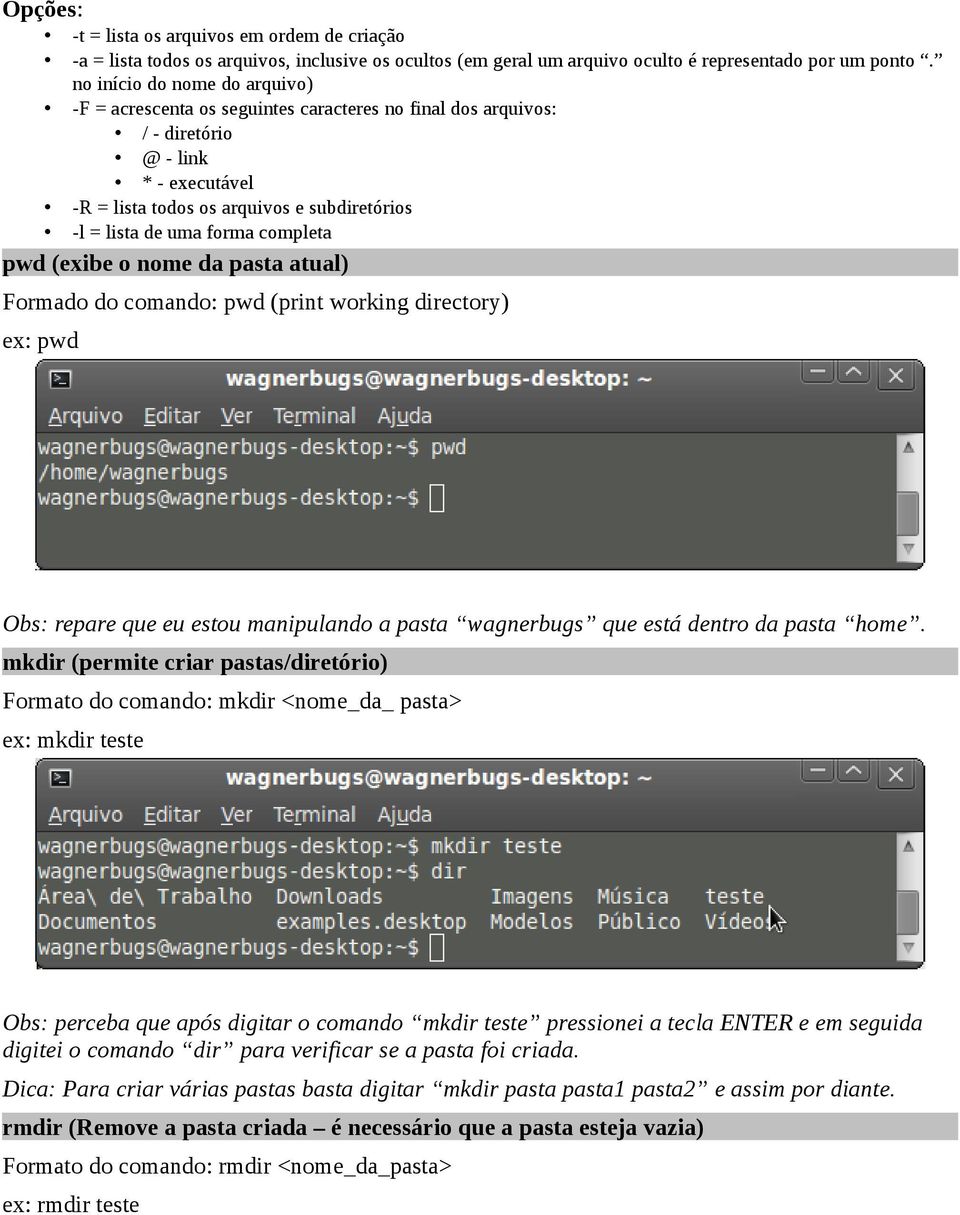 completa pwd (exibe o nome da pasta atual) Formado do comando: pwd (print working directory) ex: pwd Obs: repare que eu estou manipulando a pasta wagnerbugs que está dentro da pasta home.