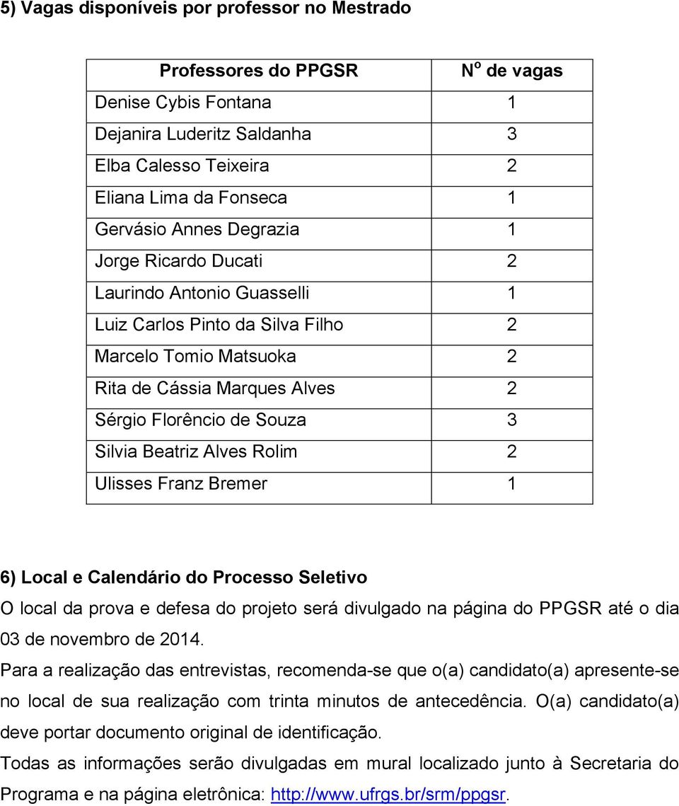 Alves Rolim 2 Ulisses Franz Bremer 1 6) Local e Calendário do Processo Seletivo O local da prova e defesa do projeto será divulgado na página do PPGSR até o dia 03 de novembro de 2014.