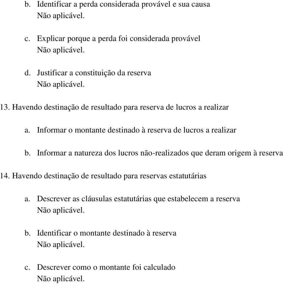 Informar o montante destinado à reserva de lucros a realizar b. Informar a natureza dos lucros não-realizados que deram origem à reserva 14.