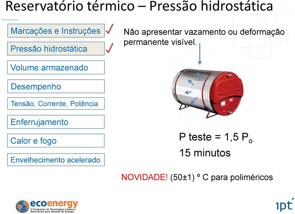 Volume armazenado Desempenho Tensão, Corrente, Potência Enferrujamento Calor e