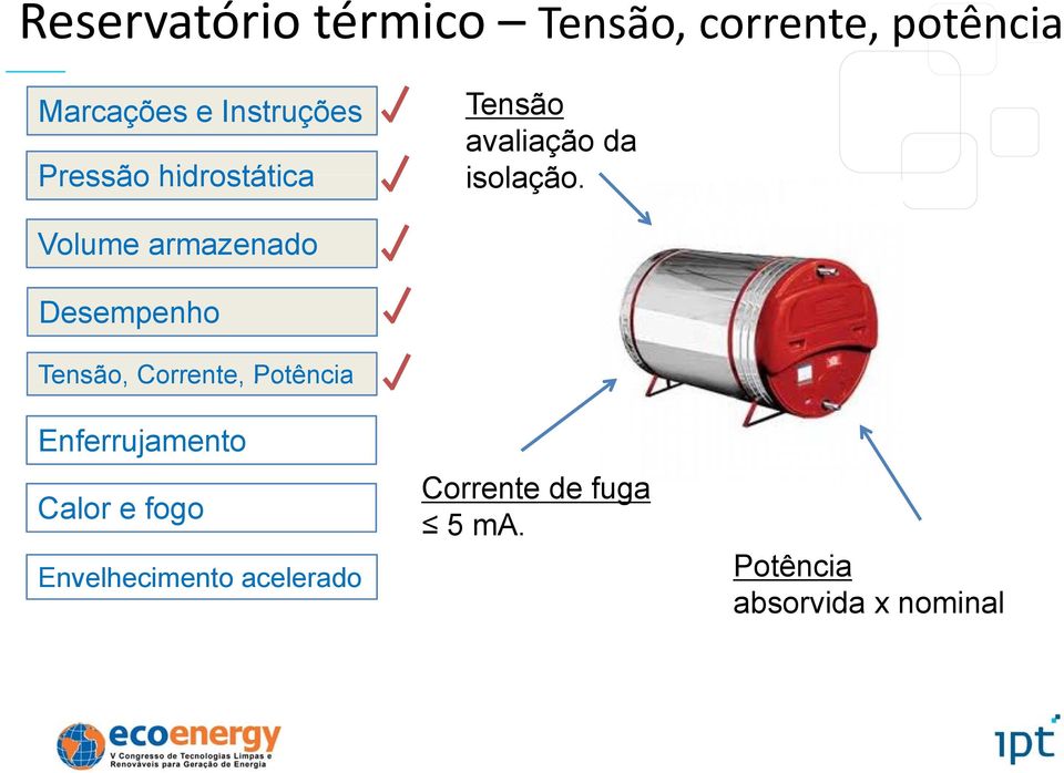 Volume armazenado Desempenho Tensão, Corrente, Potência Enferrujamento