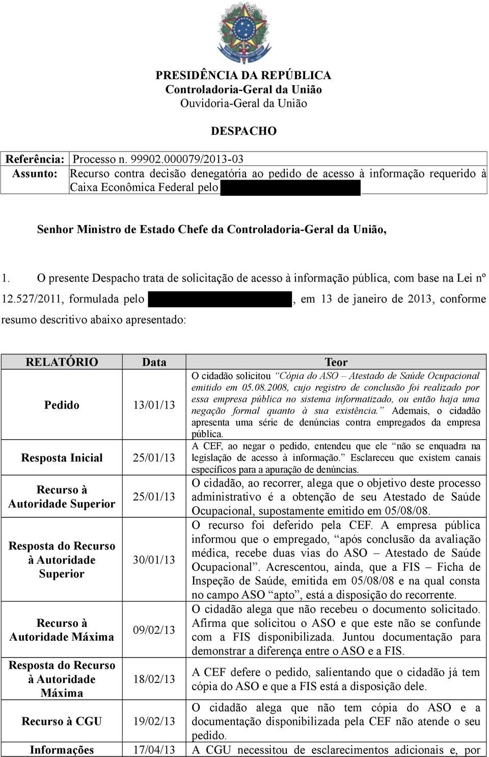 O presente Despacho trata de solicitação de acesso à informação pública, com base na Lei nº 12.