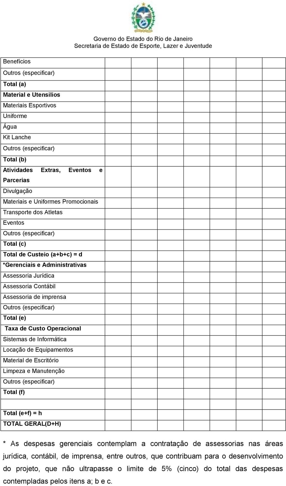 de Informática Locação de Equipamentos Material de Escritório Limpeza e Manutenção Total (f) Total (e+f) = h TOTAL GERAL(D+H) * As despesas gerenciais contemplam a contratação de assessorias nas