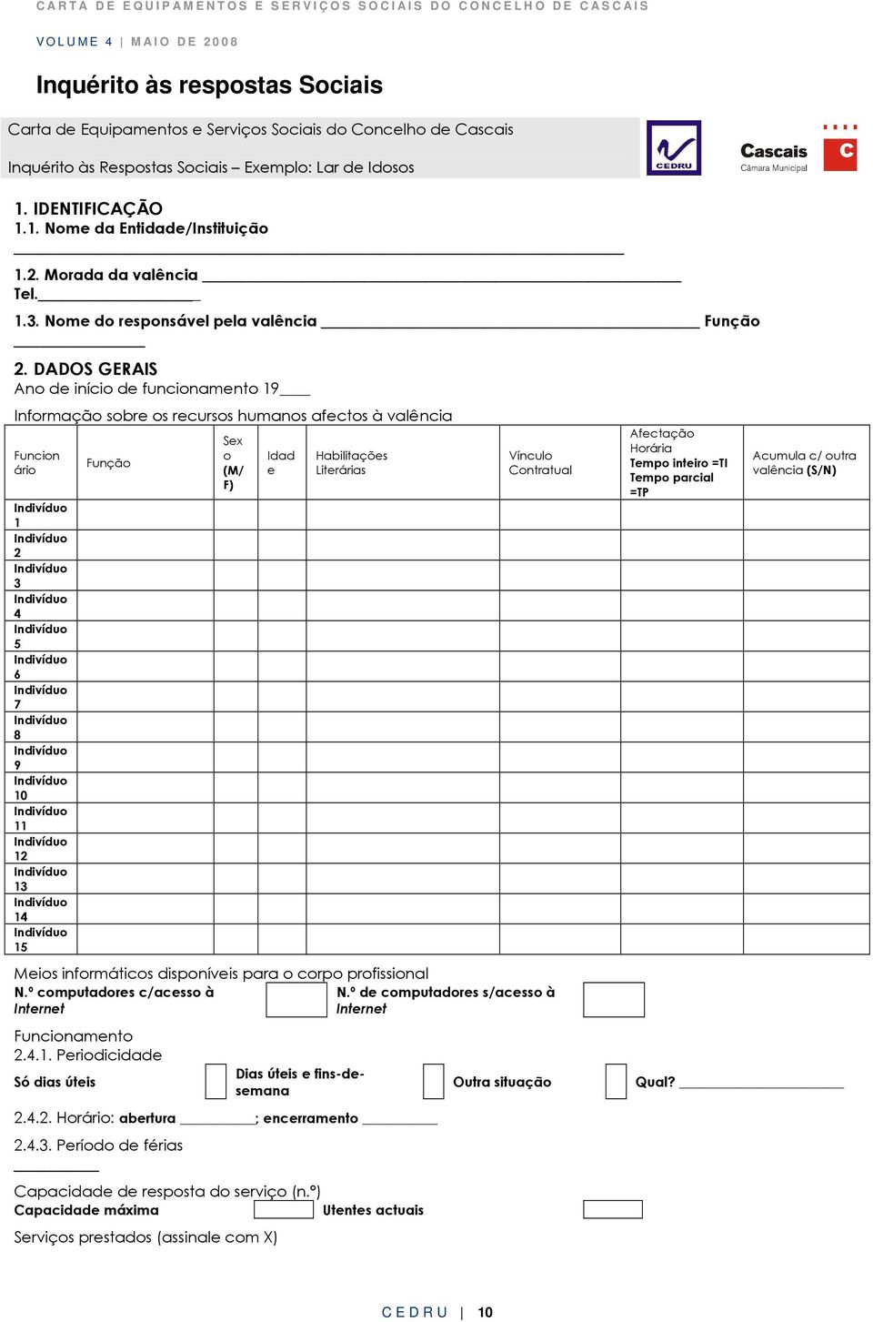 DADOS GERAIS Ano de início de funcionamento 19 Informação sobre os recursos humanos afectos à valência Funcion ário 1 2 3 4 5 6 7 8 9 10 11 12 13 14 15 Função Sex o (M/ F) Idad e Habilitações