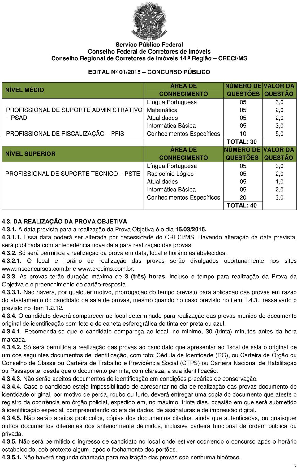 QUESTÃO 05 3,0 05 2,0 05 2,0 05 3,0 10 5,0 TOTAL: 30 NÚMERO DE VALOR DA QUESTÕES QUESTÃO 05 3,0 05 2,0 05 1,0 05 2,0 20 3,0 TOTAL: 40 4.3. DA REALIZAÇÃO DA PROVA OBJETIVA 4.3.1. A data prevista para a realização da Prova Objetiva é o dia 15/03/2015.