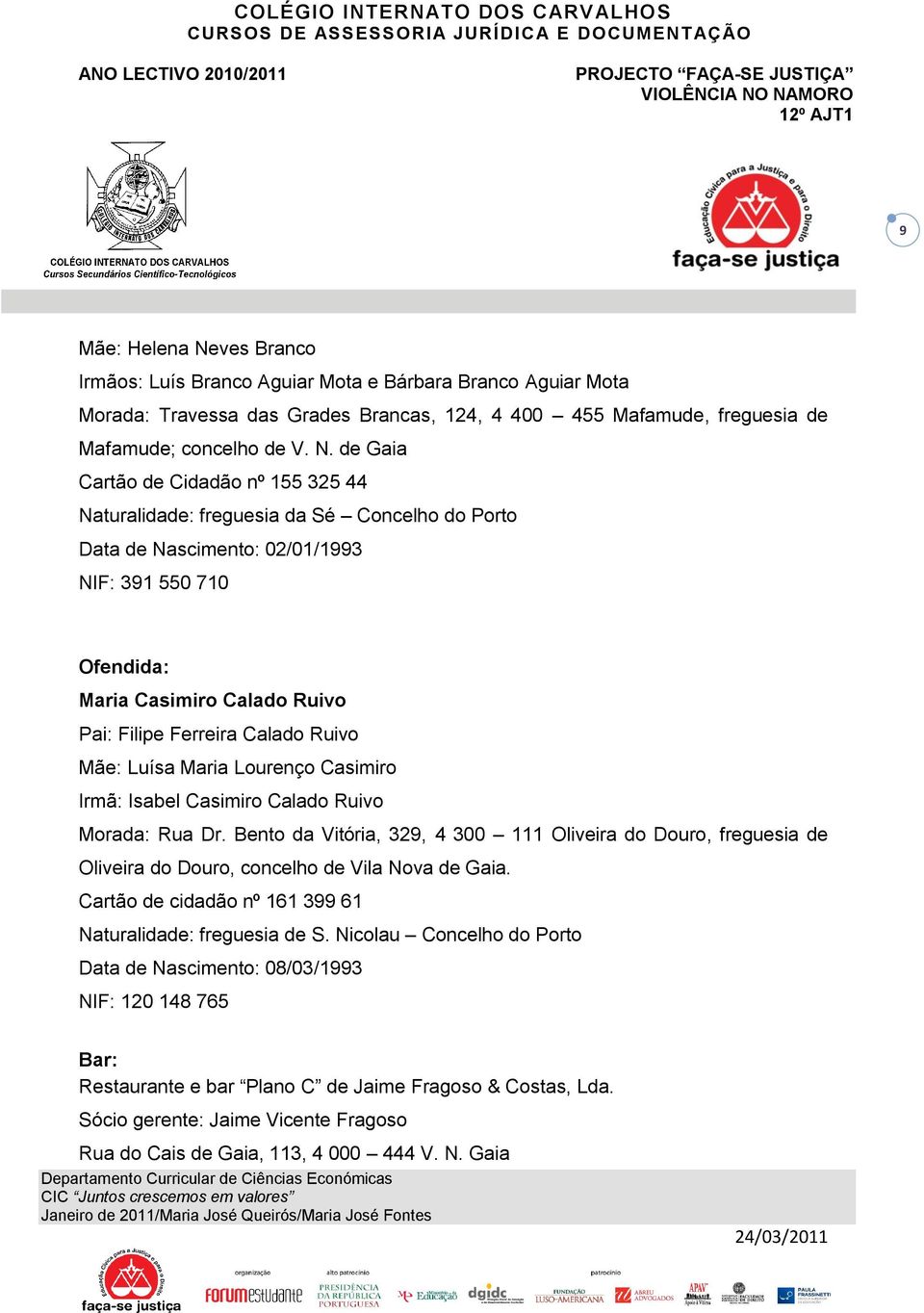 de Gaia Cartão de Cidadão nº 155 325 44 Naturalidade: freguesia da Sé Concelho do Porto Data de Nascimento: 02/01/1993 NIF: 391 550 710 Ofendida: Maria Casimiro Calado Ruivo Pai: Filipe Ferreira