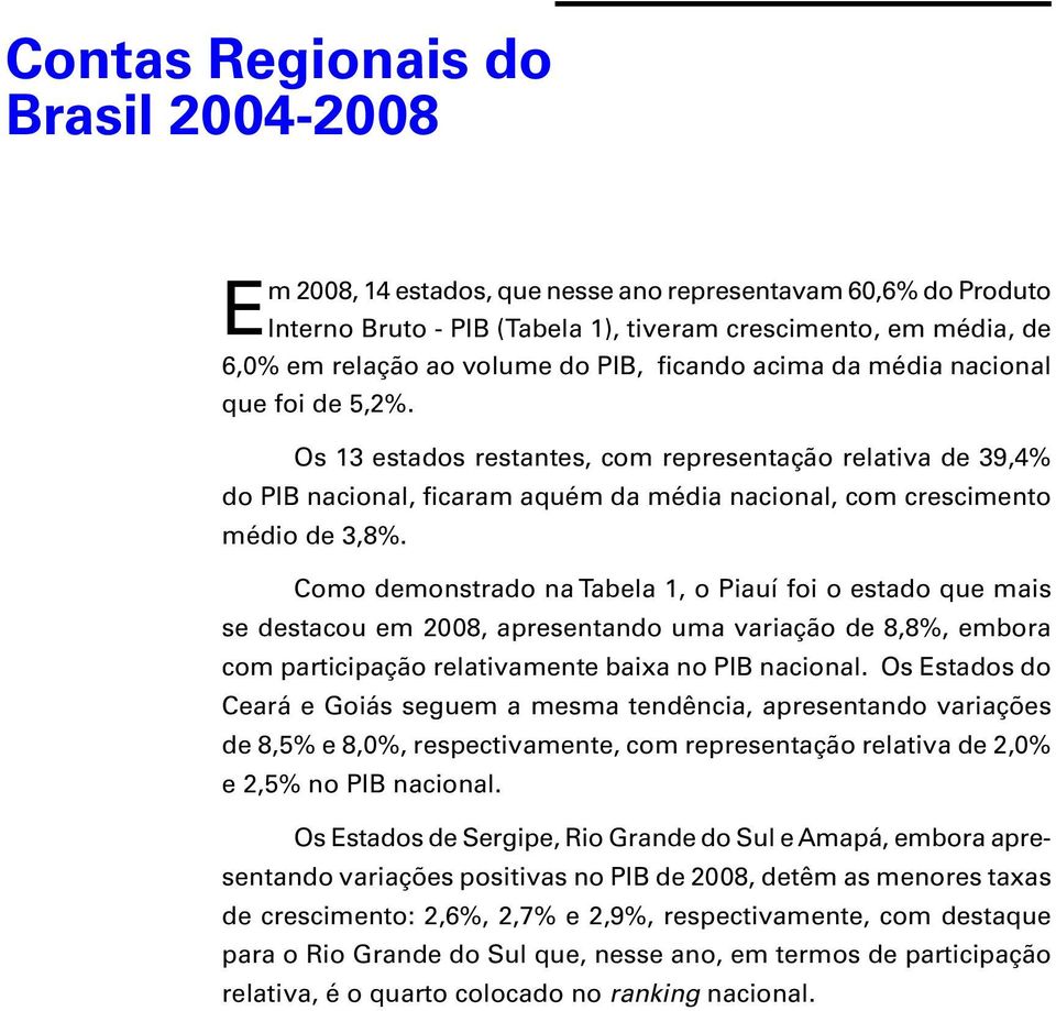 Como demonstrado na Tabela 1, o Piauí foi o estado que mais se destacou em 2008, apresentando uma variação de 8,8%, embora com participação relativamente baixa no PIB nacional.