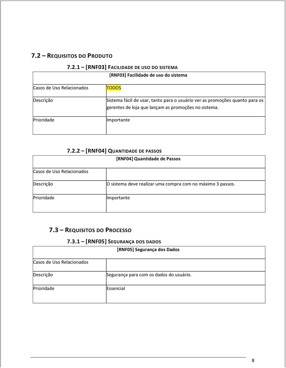 2 [RNF04] QUANTIDADE DE PASSOS [RNF04] Quantidade de Passos Descrição Prioridade O sistema deve realizar uma compra com no máximo 3 passos. Importante 7.