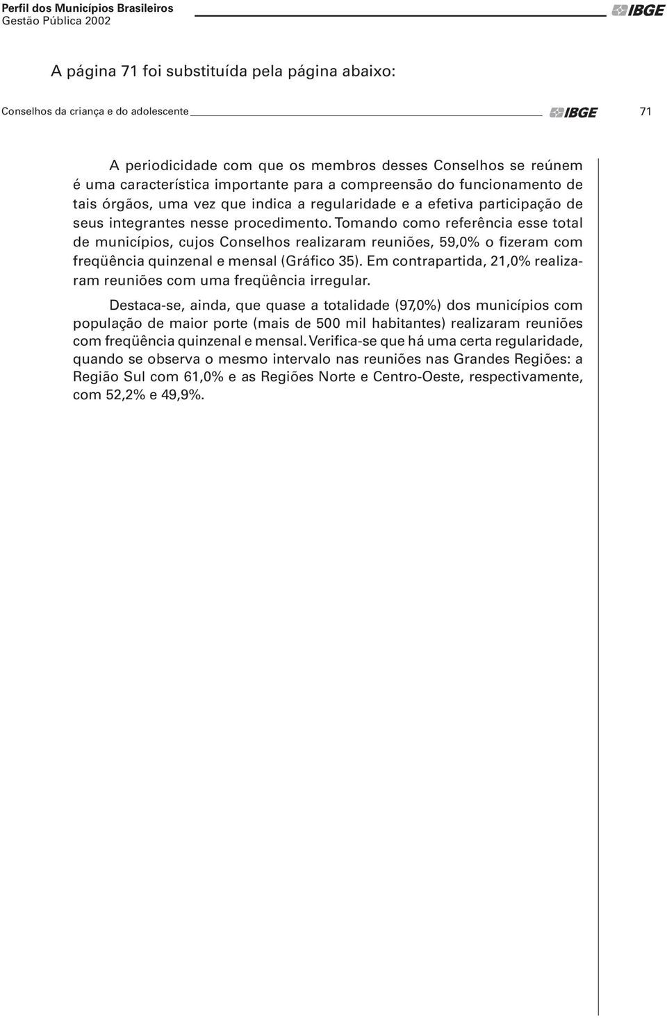 Tomando como referência esse total de municípios, cujos Conselhos realizaram reuniões, 59,0% o fizeram com freqüência quinzenal e mensal (Gráfico 35).