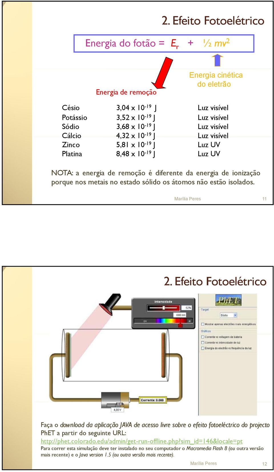 os átomos não estão isolados. 11 2. Efeito Fotoelétrico Faça o download da aplicação JAVA de acesso livre sobre o efeito fotoeléctrico do projecto PhET a partir do seguinte URL: http://phet.colorado.