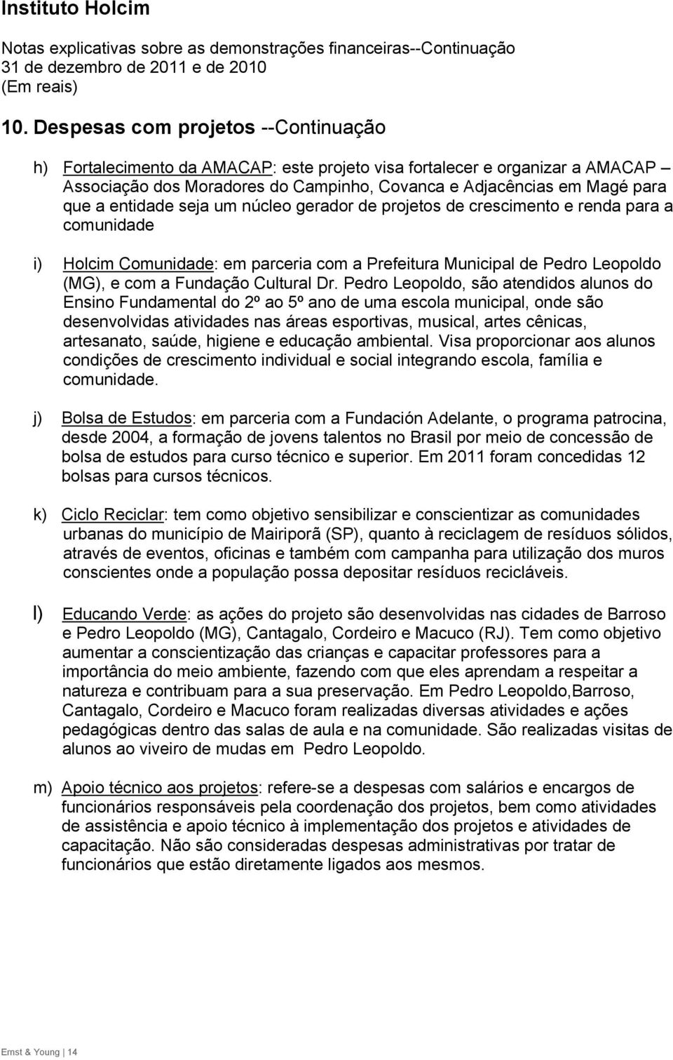 entidade seja um núcleo gerador de projetos de crescimento e renda para a comunidade i) Holcim Comunidade: em parceria com a Prefeitura Municipal de Pedro Leopoldo (MG), e com a Fundação Cultural Dr.