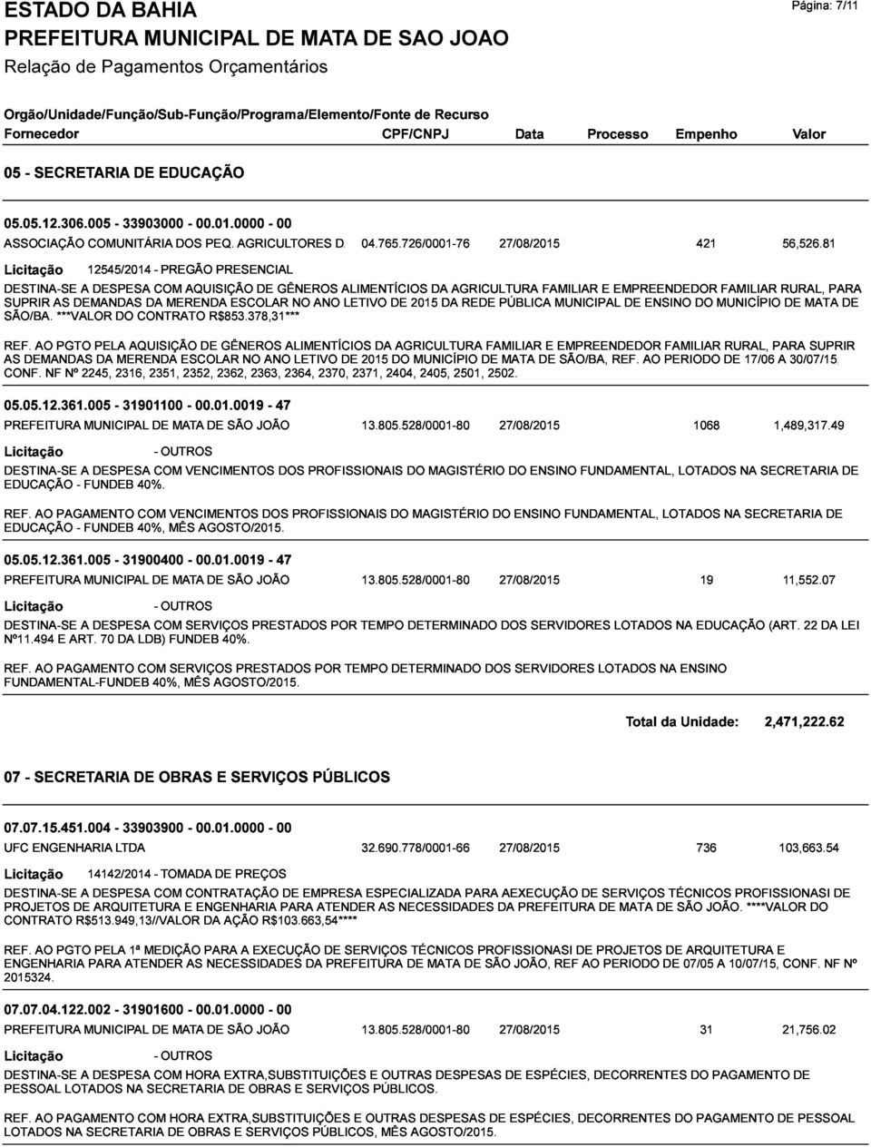 DEMANDAS AO NF AS PGTO ***VALOR Nº DEMANDAS A DESPESA 2245, PELA DA 2316, DO MERENDA AQUISIÇÃO CONTRATO COM -PREGÃO 2351, MERENDA ESCOLAR AQUISIÇÃO 2352, DE R$853.