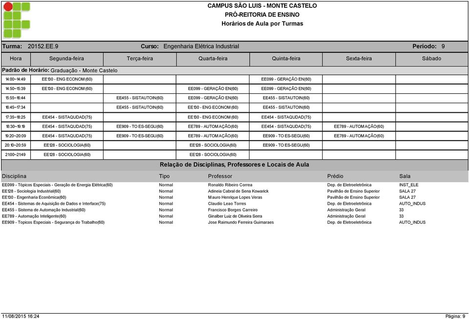 15:55~16:44 EE455 - SISTAUTOIN(60) EE099 - GERAÇÃO EN(60) EE455 - SISTAUTOIN(60) 16:45~17:34 EE455 - SISTAUTOIN(60) EE130 - ENG ECONOM (60) EE455 - SISTAUTOIN(60) 17:35~18:25 EE454 - SISTAQUDAD(75)