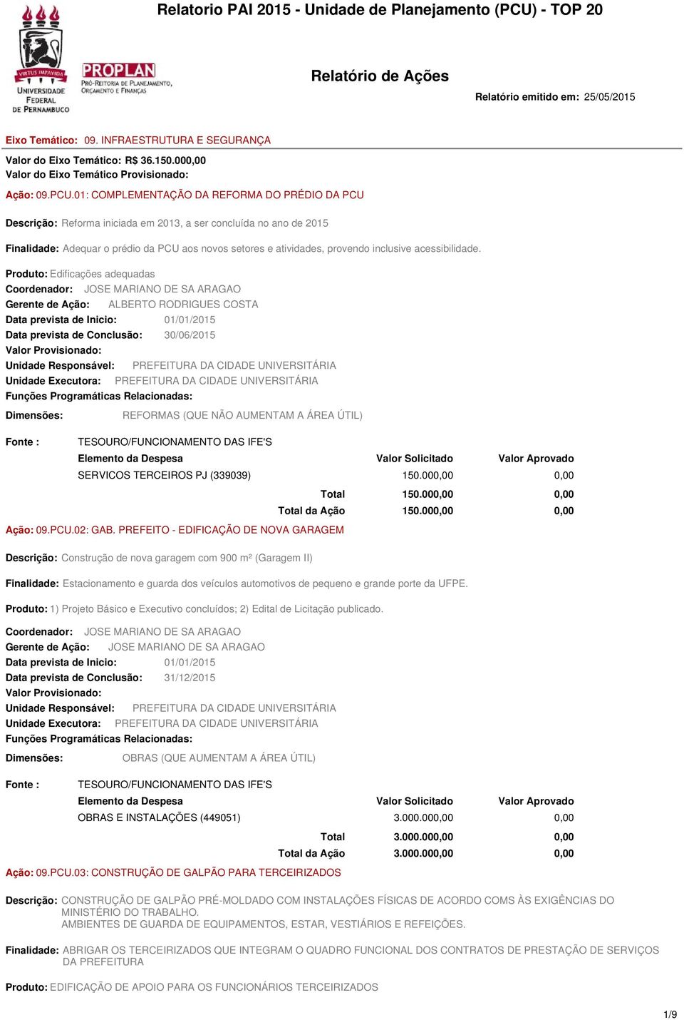 01: COMPLEMENTAÇÃO DA REFORMA DO PRÉDIO DA PCU Descrição: Reforma iniciada em 2013, a ser concluída no ano de 2015 Finalidade: Adequar o prédio da PCU aos novos setores e atividades, provendo