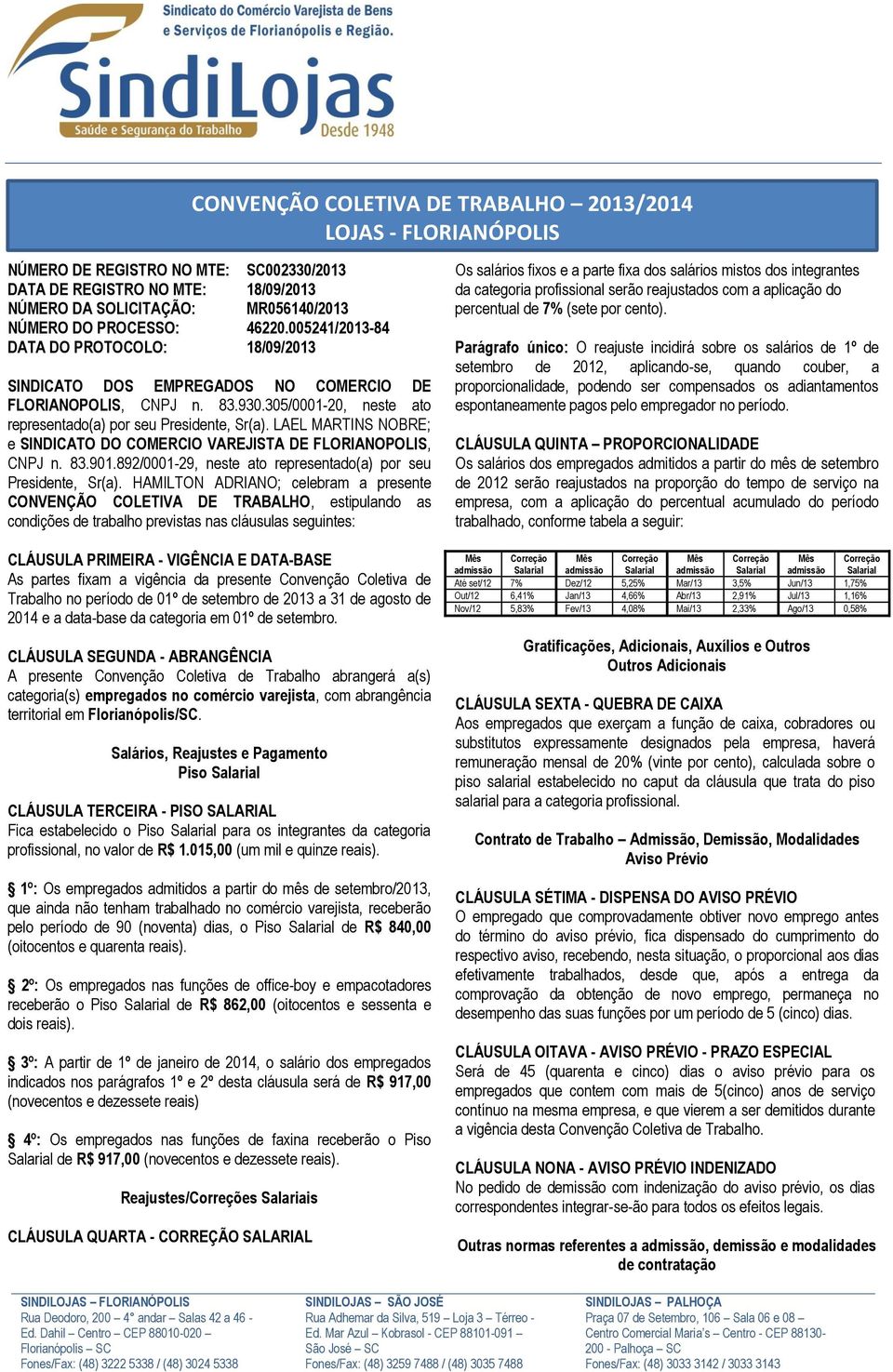 LAEL MARTINS NOBRE; e SINDICATO DO COMERCIO VAREJISTA DE FLORIANOPOLIS, CNPJ n. 83.901.892/0001-29, neste ato representado(a) por seu Presidente, Sr(a).