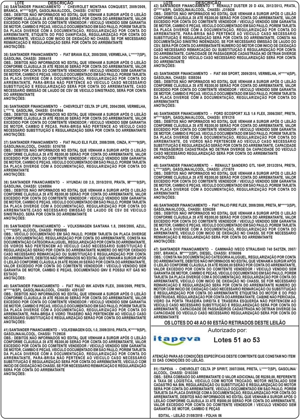 2006418, PARA-BRISA NÃO PERTENCE AO VEÍCULO CASO NECESSÁRIO SUBSTITUIÇÃO E REGULARIZAÇÃO SERÁ POR CONTA DO, CASO NECESSARIO EMISSÃO DE LAUDO DE CSV DE VEICULO SINISTRADO, SERÁ POR CONTA DO 36)