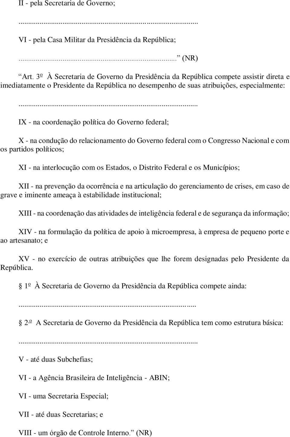 política do Governo federal; X - na condução do relacionamento do Governo federal com o Congresso Nacional e com os partidos políticos; XI - na interlocução com os Estados, o Distrito Federal e os