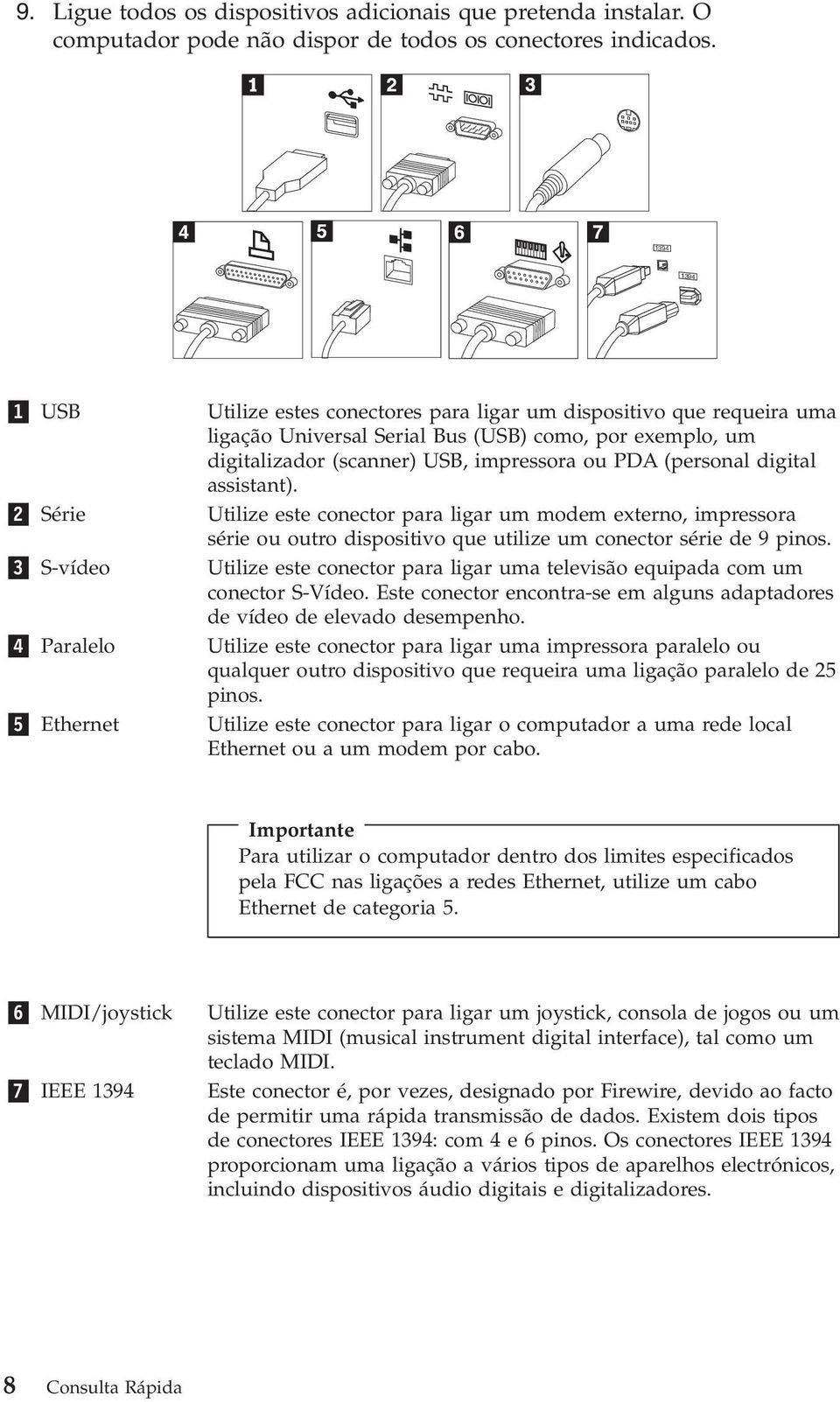 (scanner) USB, impressora ou PDA (personal digital assistant). Utilize este conector para ligar um modem externo, impressora série ou outro dispositivo que utilize um conector série de 9 pinos.