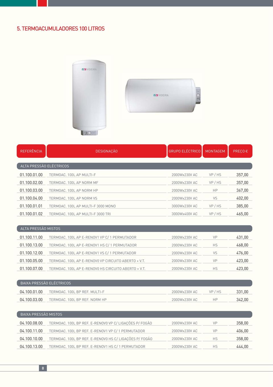 100L AP MULTI-F 3000 TRI 3000Wx400V AC VP / HS 465,00 ALTA PRESSÃO MISTOS 01.100.11.00 TERMOAC. 100L AP E-RENOV1 VP C/ 1 PERMUTADOR 2000Wx230V AC VP 431,00 01.100.13.00 TERMOAC. 100L AP E-RENOV1 HS C/ 1 PERMUTADOR 2000Wx230V AC HS 468,00 01.