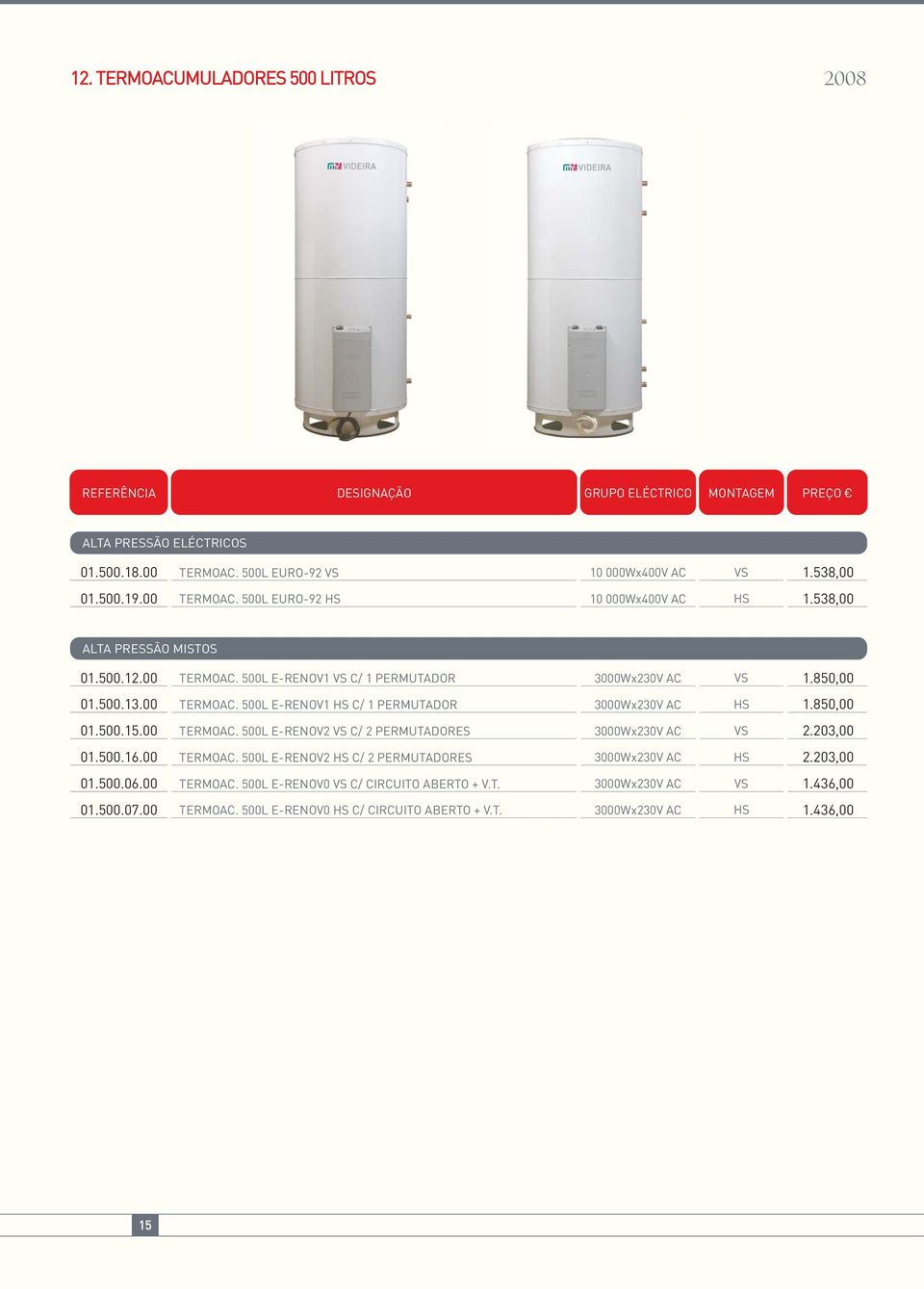 850,00 01.500.15.00 TERMOAC. 500L E-RENOV2 VS C/ 2 PERMUTADORES 3000Wx230V AC VS 2.203,00 01.500.16.00 TERMOAC. 500L E-RENOV2 HS C/ 2 PERMUTADORES 3000Wx230V AC HS 2.203,00 01.500.06.