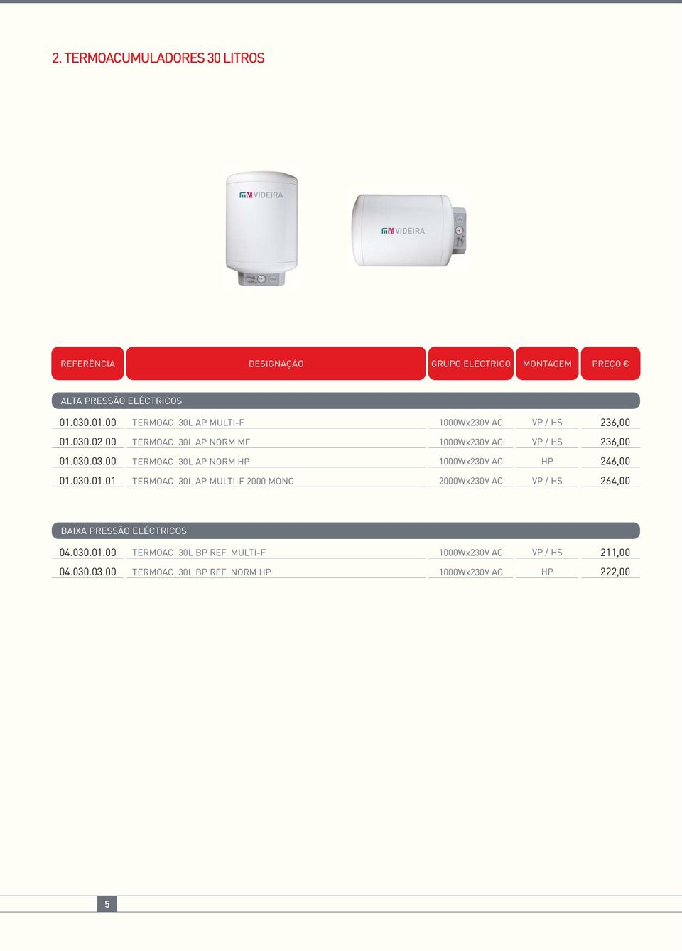 030.01.01 TERMOAC. 30L AP MULTI-F 2000 MONO 2000Wx230V AC VP / HS 264,00 BAIXA PRESSÃO ELÉCTRICOS 04.030.01.00 TERMOAC.
