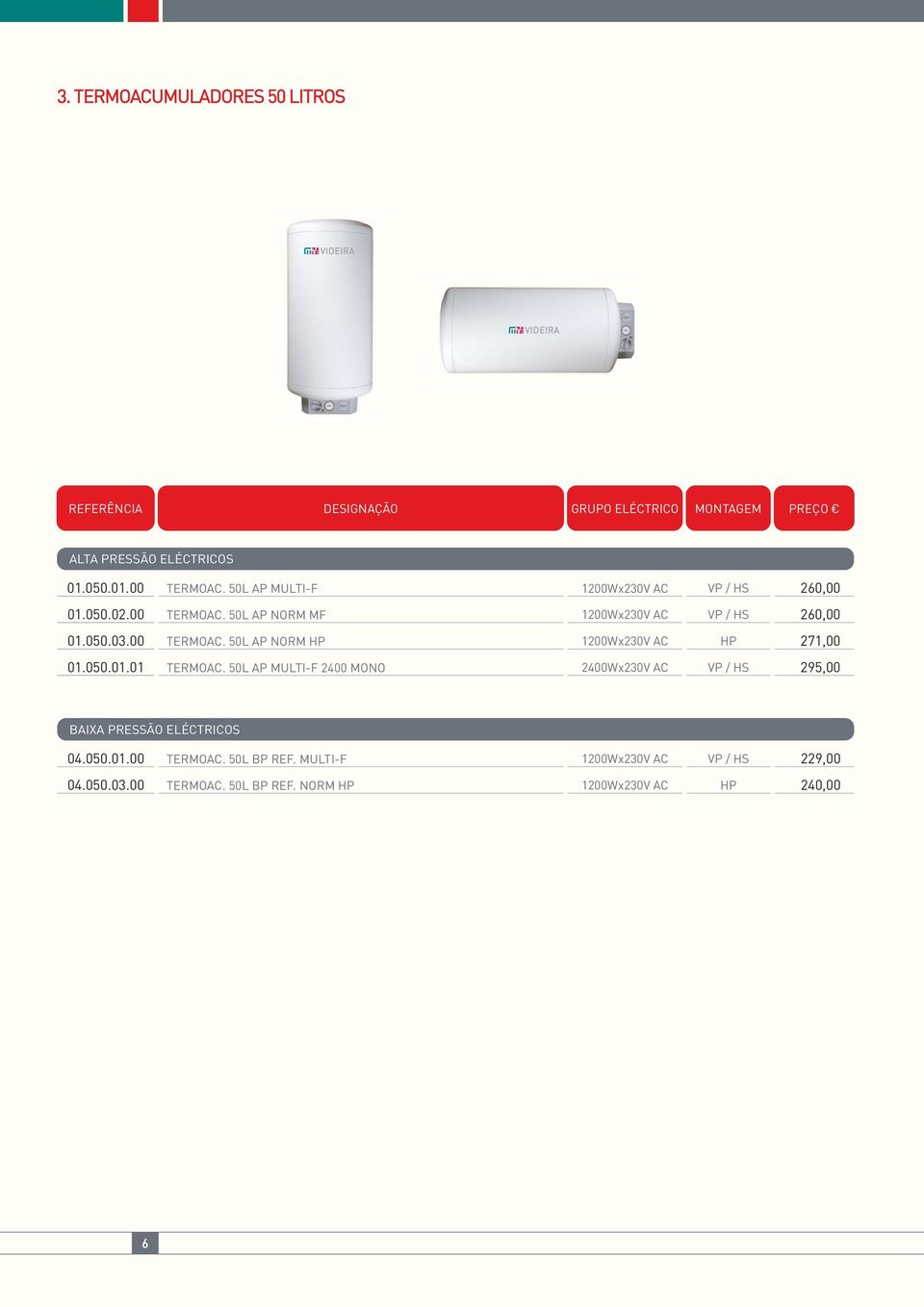 00 TERMOAC. 50L AP NORM HP 1200Wx230V AC HP 271,00 01.050.01.01 TERMOAC.