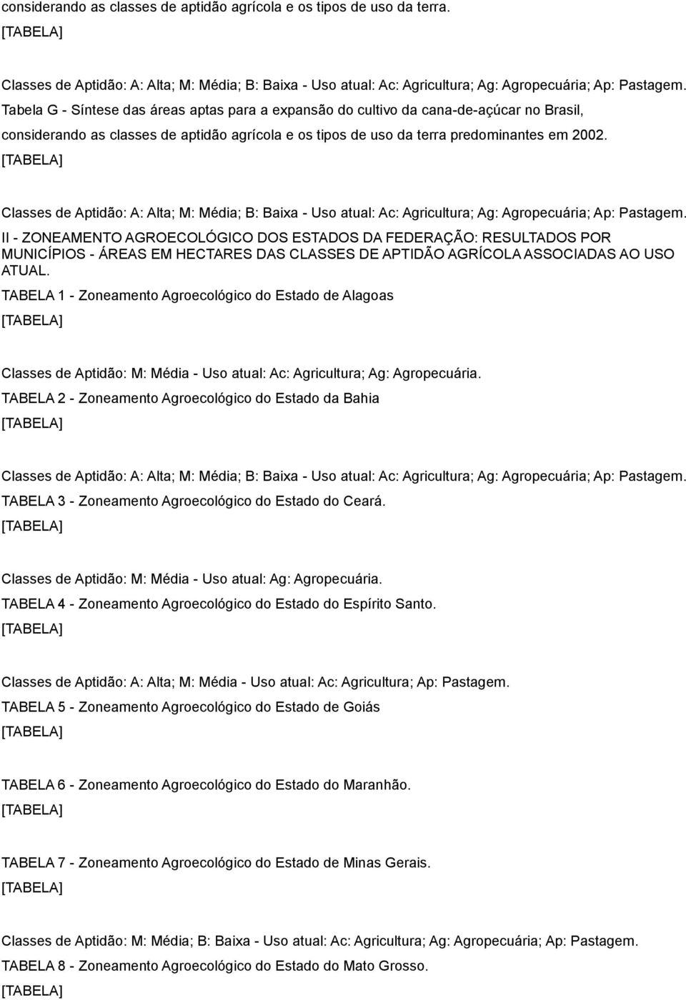 II - ZONEAMENTO AGROECOLÓGICO DOS ESTADOS DA FEDERAÇÃO: RESULTADOS POR MUNICÍPIOS - ÁREAS EM HECTARES DAS CLASSES DE APTIDÃO AGRÍCOLA ASSOCIADAS AO USO ATUAL.