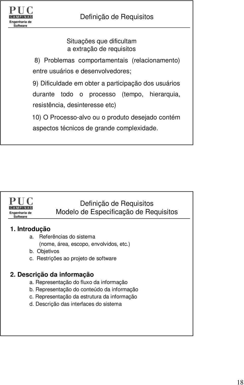 Modelo de Especificação de Requisitos 1. Introdução a. Referências do sistema (nome, área, escopo, envolvidos, etc.) b. Objetivos c. Restrições ao projeto de software 2.